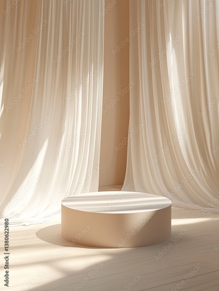 Beige product display with sheer curtains Beige product display with sheer curtains