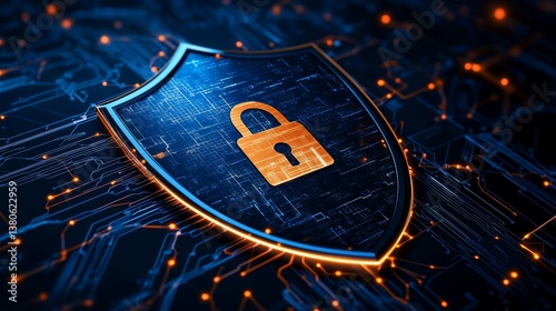 A shield with a digital padlock, representing cyber insurance protection against data breaches,