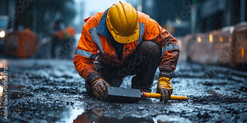 Muddy worker in orange raincoat and yellow helmet placing paving stone in rain, showcasing dedication and resilience in challenging weather conditions