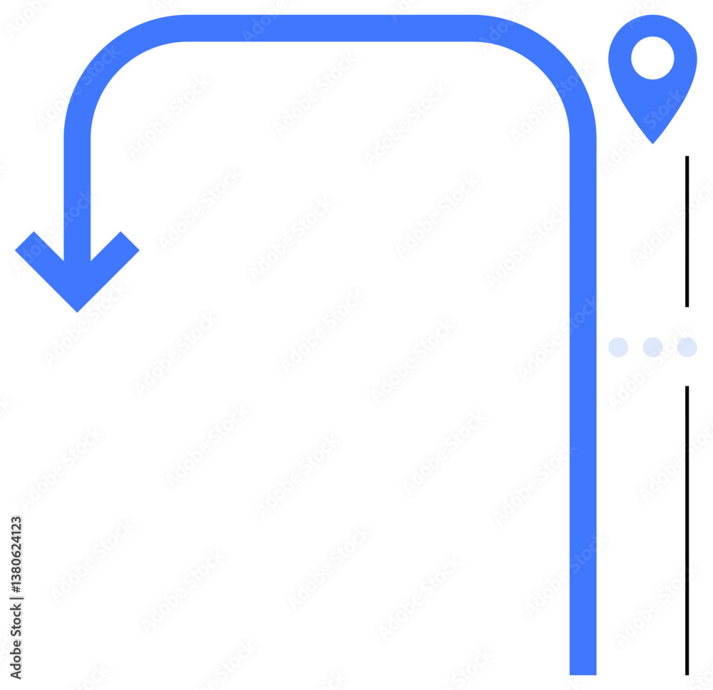 Curved arrow pointing downward toward a map pin, representing direction, navigation, or rerouting. Ideal for travel, GPS, logistics, relocation pathfinding route planning wayfinding. Flat simple Curved arrow pointing downward toward a map pin, representing direction, navigation, or rerouting. Ideal for travel, GPS, logistics, relocation pathfinding route planning wayfinding. Flat simple