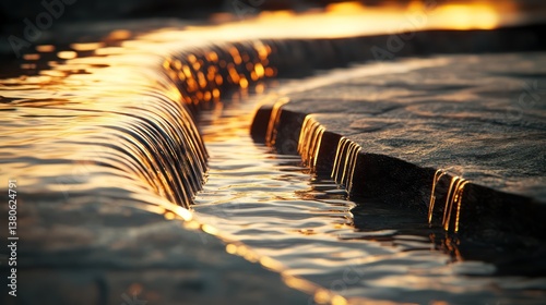 A gentle stream flowing over a smooth stone surface, creating thin, elegant ripples with soft reflections, golden hour adding depth