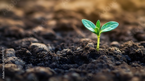 green sprout growing in soil, breaking trough the earth