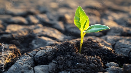 green sprout growing in soil, breaking trough the earth
