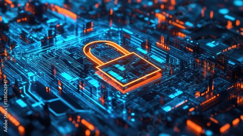 A digital futuristic representation of cybersecurity showcasing a black padlock at the center