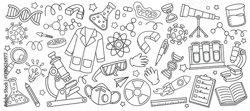 Set of hand drawn chemistry and science doodle element. Laboratory vector illustration