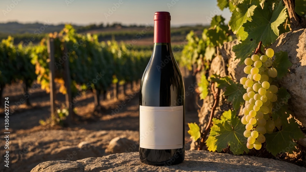Fototapeta premium Wine bottle resting on rocky surface amidst vineyard at sunset