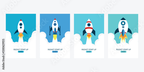 Rocket launch in the sky flying over clouds. Spaceship in smoke clouds. Business concept. Start-up template.