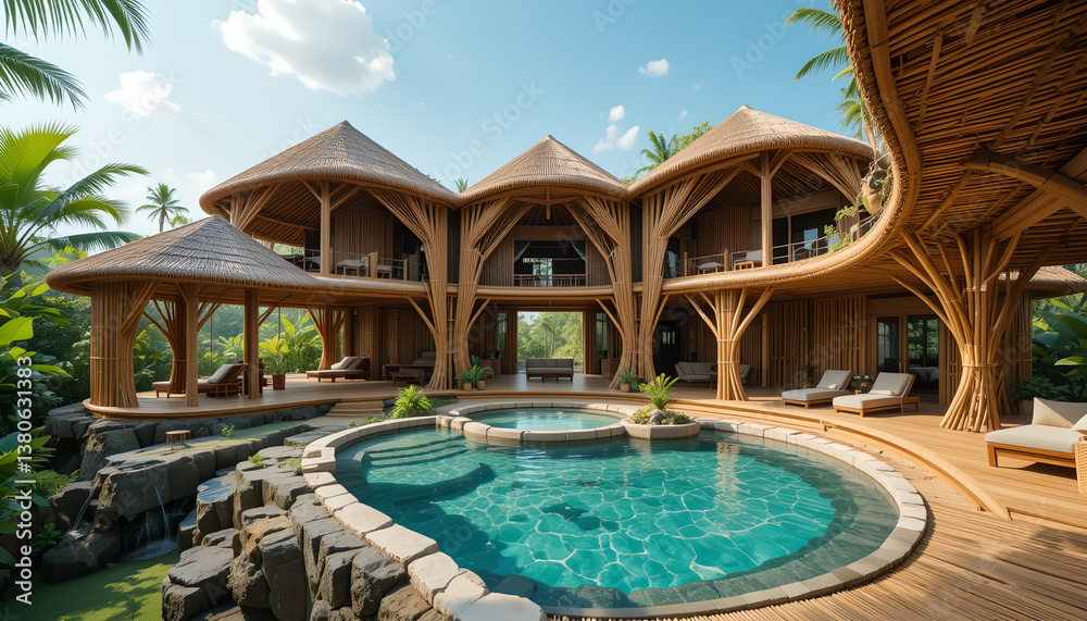 Fototapeta premium Luxury Bamboo Eco-Resort: A Tropical Paradise with Private Pool and Lush Greenery