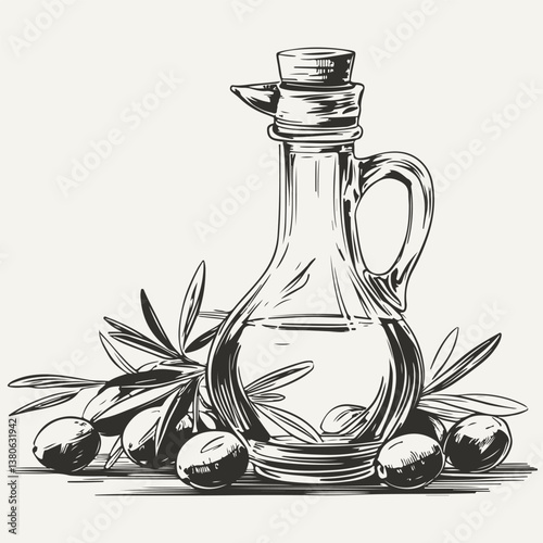 olive oil with branch sketch illustration