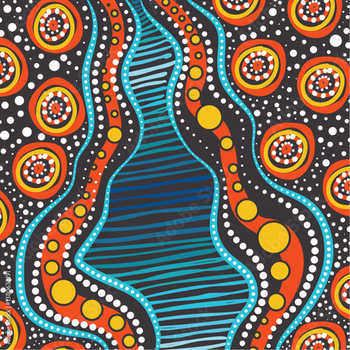 A vector illustration with a backdrop influenced by Aboriginal dot designs.
