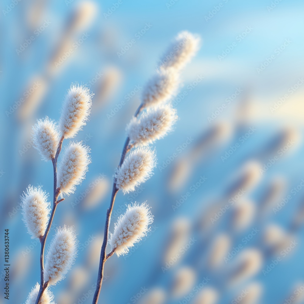 A peaceful spring background with a bright blue sky, in the foreground are delicate willow branches with soft fluffy catkins, symbolizing the arrival of Easter. A peaceful spring background with a bright blue sky, in the foreground are delicate willow branches with soft fluffy catkins, symbolizing the arrival of Easter.