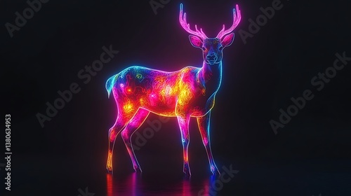 Neon deer on black background. 3D illustration.  Possible use  Wallpaper, poster, digital art photo