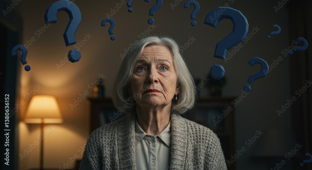 Pondering Life's Questions - A thoughtful senior woman surrounded by question marks, contemplating life's uncertainties. She appears pensive and contemplative Pondering Life's Questions - A thoughtful senior woman surrounded by question marks, contemplating life's uncertainties. She appears pensive and contemplative