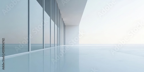A serene modern interior featuring expansive glass walls reflecting a tranquil seascape, showcasing minimalist design with soft natural light streaming in, ideal for architectural inspiration