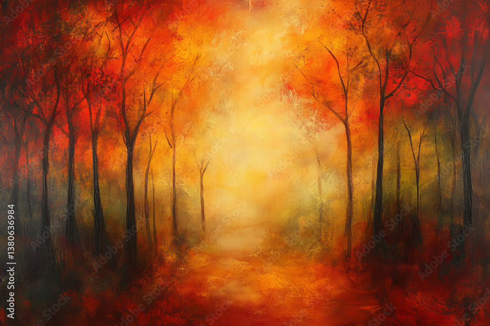An abstract mystical forest landscape with fiery autumn colors and golden light in a dreamlike, impressionistic digital painting An abstract mystical forest landscape with fiery autumn colors and golden light in a dreamlike, impressionistic digital painting