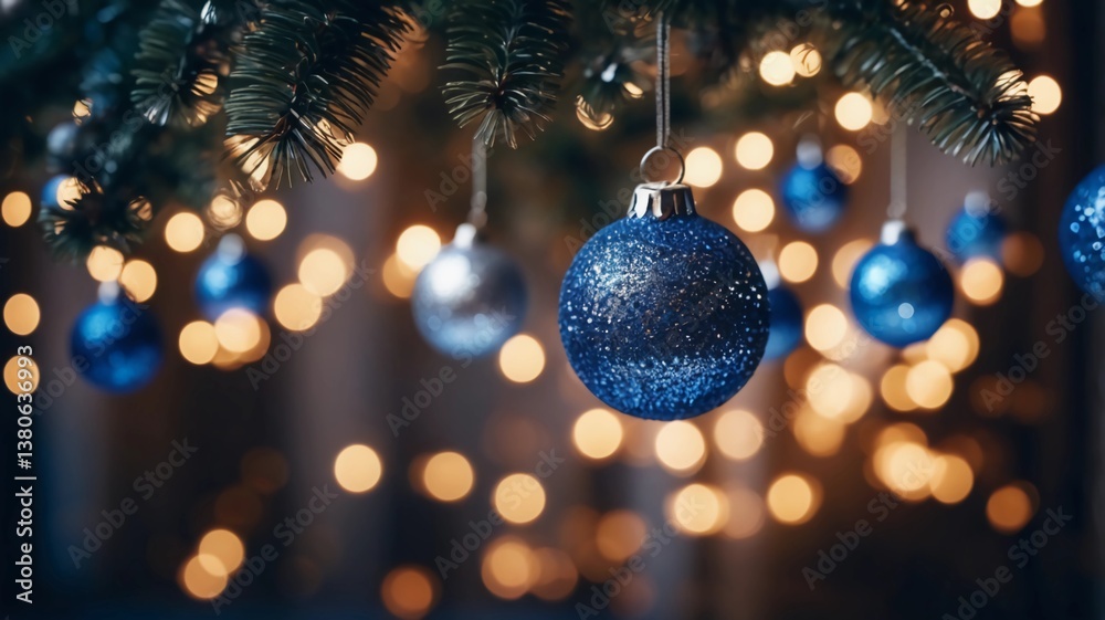 abstract blurred of blue and silver glittering shine bulbs lights background:blur of Christmas wallpaper decorations concept.xmas holiday festival backdrop:sparkle circle lit celebrations display.