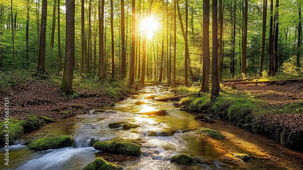 Fototapeta premium Serene stream flowing through lush forest nature scene evening light tranquil setting