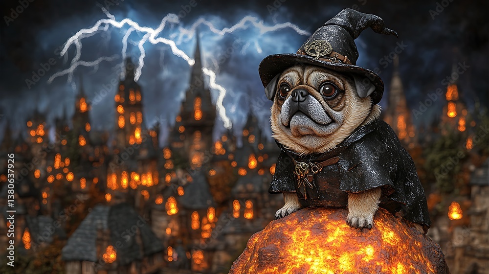 Obraz premium Pug wizard in glowing city at night