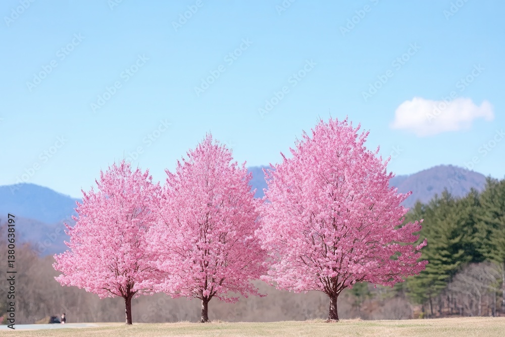 Beautiful Pink Cherry Blossom Trees Against Blue Sky and Mountains Beautiful Pink Cherry Blossom Trees Against Blue Sky and Mountains
