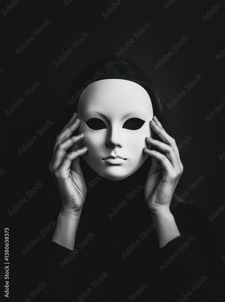 Mysterious Figure Holding a White Mask Against Dark Background Mysterious Figure Holding a White Mask Against Dark Background