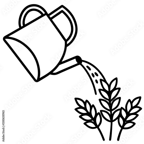 Watering can pouring water on crops line art illustration