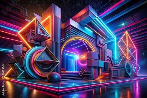 Vibrant Neon Abstract Art: Colorful Geometric Shapes & Light Streaks