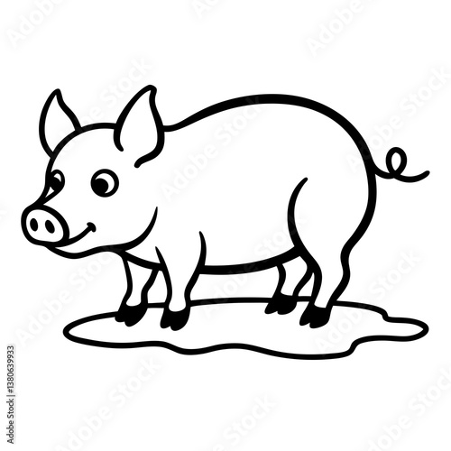 Pig in a muddy puddle line art illustration