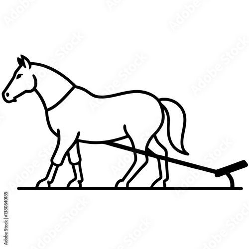 Horse pulling a plow line art illustration