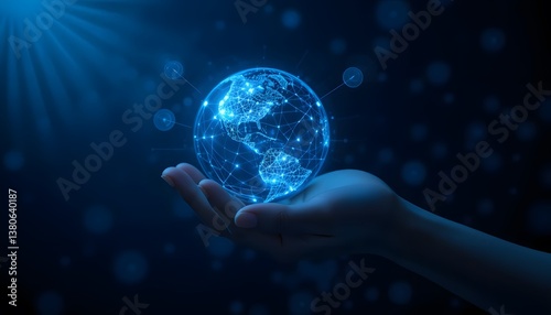 Man's hand with a laser light pointing at a blue earth globe in abstract space