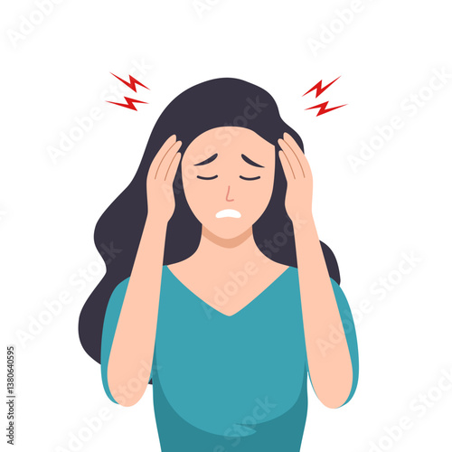 young woman suffering from headache, migraine or dizziness. Hand drawn style vector design illustrations.