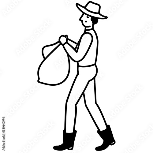 Farmhand carrying a sack line art illustration