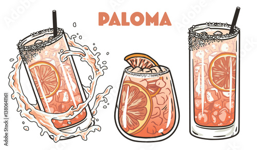 Paloma cocktail cocktail glass with gin, ice and slice of grapefruit for design of surfing, tiki or beach bar menu. Aperol spritz or aperol cocktail set for drink party, summer vibes