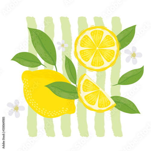 Lemons with leaves Illustration. Lemon plant. Template for cards, menus, flyers, posters. Vector hand drawn illustration.