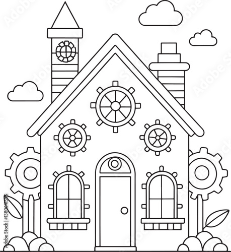 A whimsical clockwork house nestled in a charming garden, outlined in simple, clean lines against a bright white background.