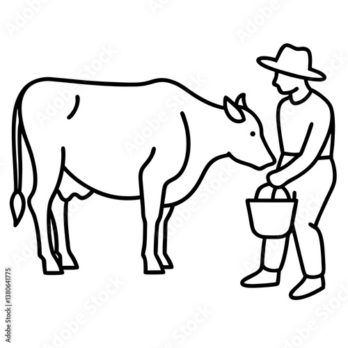 Farmer milking a cow line art