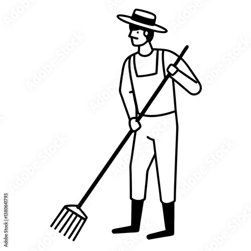  Farmer Leaning on a rake line art illustration
