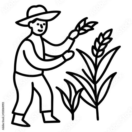 Farmer inspecting crops line art illustration
