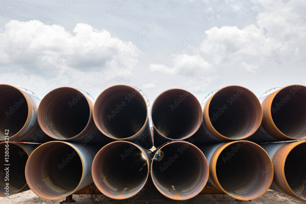 Industrial steel pipes stacked outdoors under cloudy sky Industrial steel pipes stacked outdoors under cloudy sky