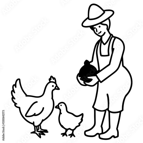  Farmer feeding chickens line art illustration