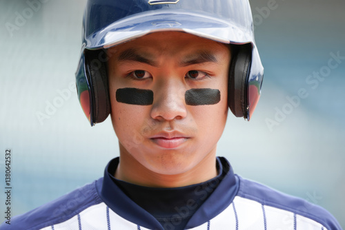 Asian male young baseball player with helmet and eye black focused on game