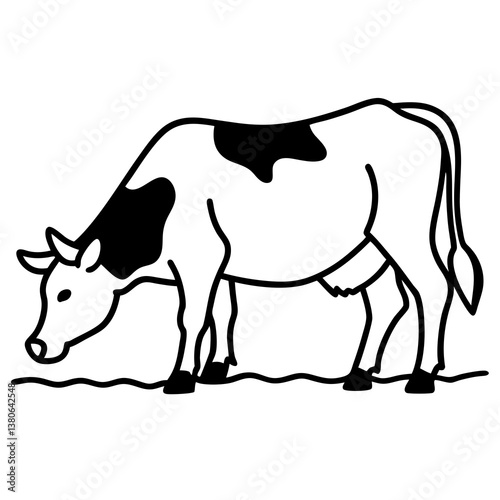 Cow grazing on a farm line art illustration