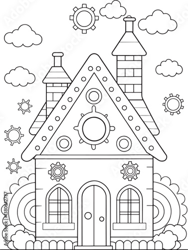 A whimsical clockwork house nestled amongst fluffy clouds and cheerful suns, a delightful scene perfect for coloring.