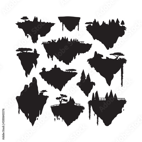  Collection of Floating Island Silhouettes with Trees, Rocks, and Landscape Elements – Vector Set of Fantasy Flying Terrain Designs for Games and Illustrations photo
