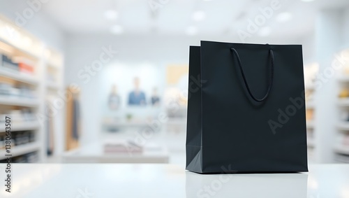 Stylish black shopping bag on fashion store table, elegant retail package merchandise branding mockup or luxury accessory marketing presentation 
