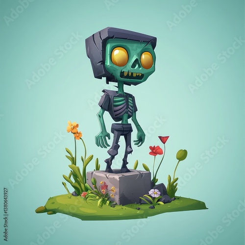 Pixel Art Green Zombie on Stone Block with Flowers
