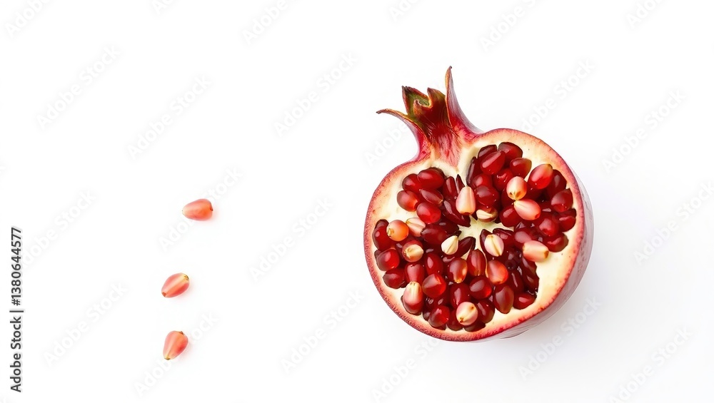 Pomegranate Half, Seeds Isolated on White Background, Close-up