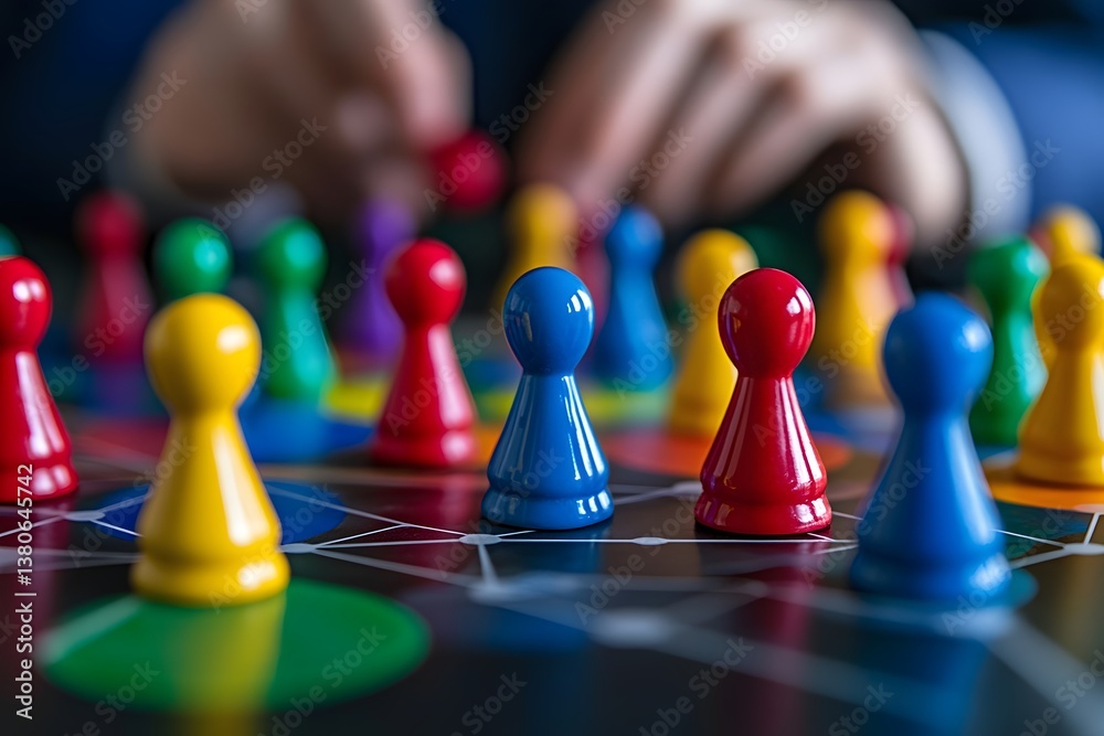 A board game being played with colorful playing pieces A board game being played with colorful playing pieces