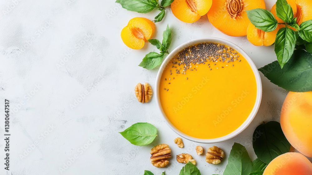 Natural Sources of Beta-Carotene, Vibrant smoothie bowl surrounded by fruits, nuts, and leaves on a textured surface. Natural Sources of Beta-Carotene, Vibrant smoothie bowl surrounded by fruits, nuts, and leaves on a textured surface.