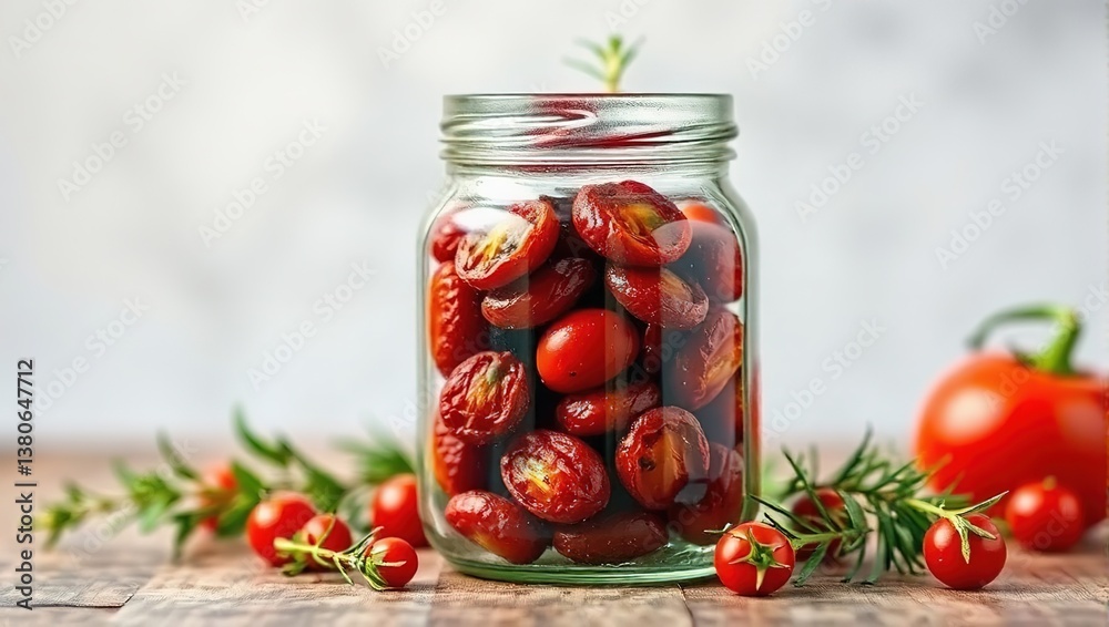Rustic Glass Jar of Sun-Dried Tomatoes with Aromatic Herbs. Rustic Glass Jar of Sun-Dried Tomatoes with Aromatic Herbs.