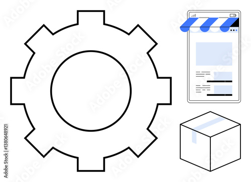 Gear beside mobile storefront design and taped box, representing e-commerce, logistics, online shopping, supply chain, inventory management, digital marketing, cloud systems. Flat simple metaphor